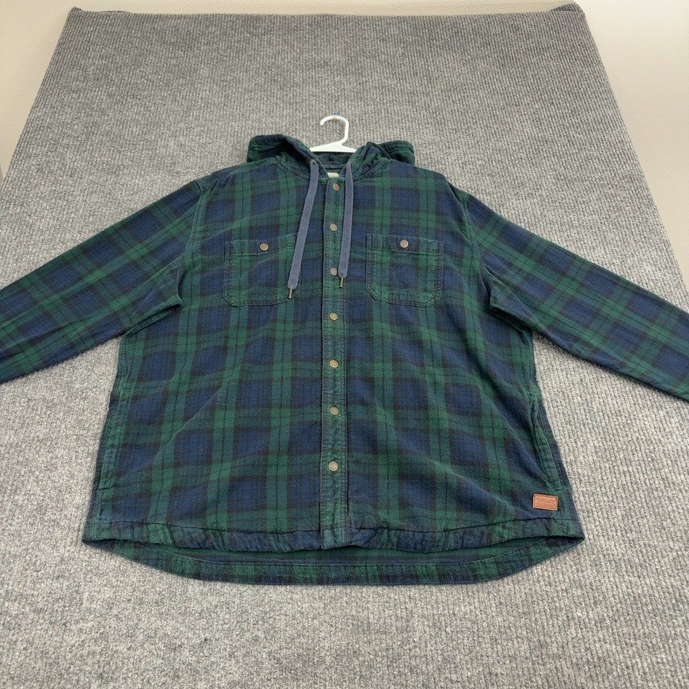 LL Bean Flannel Hoodie Mens XL Green Blue 100% Cotton Plaid Hooded Casual Style